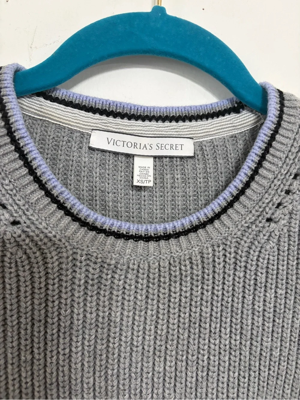 Victoria's Secret Gray, White & Black Rib-Knit Crew Sweater
